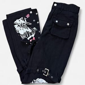 Meowcos Black, White & Red Painted High Waisted Punk Goth Strappy Cargo Pants S